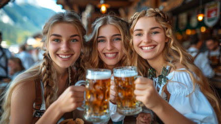 Young people in traditional Bavarian attire having fun at outdoor with beer, group of friends toasting together, smiling women sitting at table outside restaurant in mountains during village festivalの素材