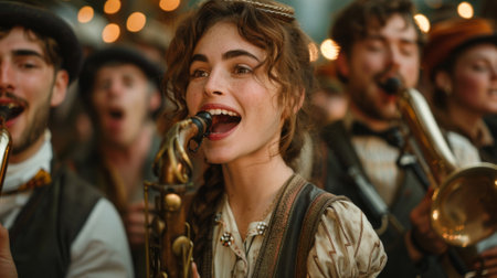 Oktoberfest . Oompah bands play traditional Bavarian music, and people sing along and clap their hands.の素材