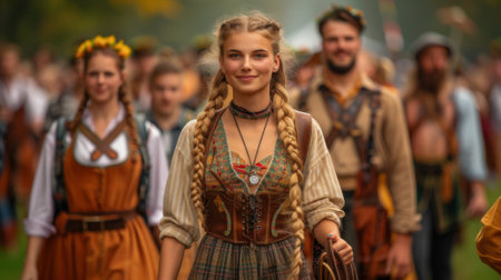 Oktoberfest . People are dressed in traditional Bavarian clothing, including lederhosen and dirndls.の素材