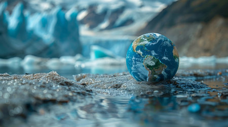 A small blue iced representing Earth embedded within a melting glacier, emphasizing the urgency of climate change and its impact on our planetの素材