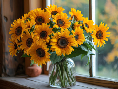 A bouquet of sunflowers in a vase on the windowsill. summer conceptの素材