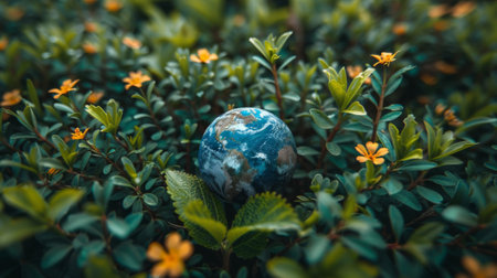 A small blue ball representing Earth nestled amidst a lush, green forest, emphasizing the importance of biodiversity and the interconnectedness of lifeの素材