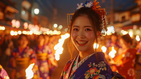 Bon Odori festival in Japan, happy young woman wearing a kimono at a festivalの素材