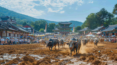 Chuseok Festival. Exciting bullfighting matches and traditional Korean games, such as ssireum Korean wrestling and jegichagi foot shuttlecock add touch of lively competition and cultural entertainmentの素材