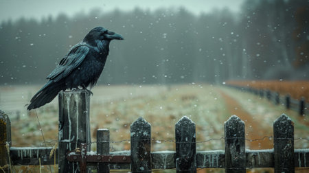 A raven sits on a fence on a gloomy winter day against a stormy sky. Countryside, fields, forest on the horizon. mystical forest. gothic aesthetic.の素材