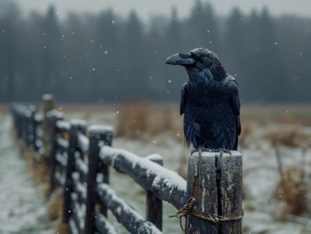 A raven sits on a fence on a gloomy winter day against a stormy sky. Countryside, fields, forest on the horizon. mystical forest. gothic aesthetic.の素材