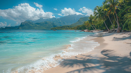 Beautiful tropical beach with palm trees and turquoise sea water on a sunny day, Seychelles. Honey colored sand. Beautiful seascape background for a summer vacation concept or travel advertisingの素材