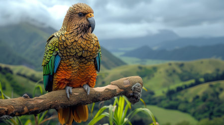 New Zealand Kea sits on a branch against the backdrop of New Zealand landscapes. Realistic photo.の素材