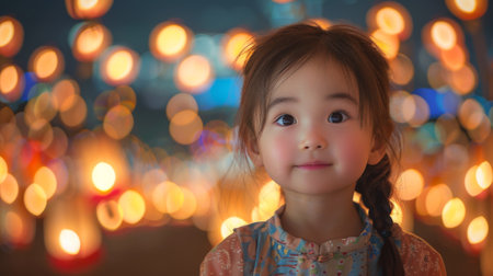 Chinese Lantern Festival. young child who discovers the magic and wonder of the Lantern Festival for the first time.の素材