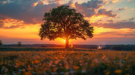 Summer solstice. Scandinavian traditional solstice celebrations, with a festival bonfire burning in the background under the long summer twilight.の素材
