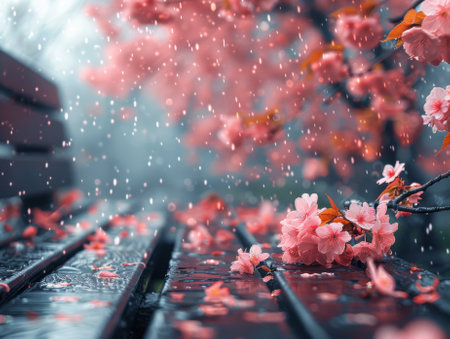 Rain falling on cherry blossoms. Background Wet bench. Melancholy. Realistic photo.の素材