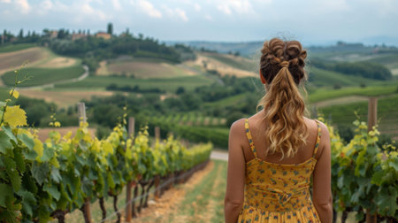 agritourism volunteering, woman at a sustainable organic farm in Tuscany, Italy, learning traditional winemaking techniquesの素材