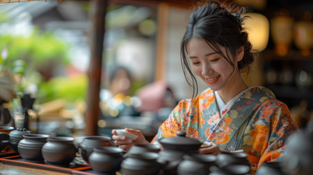 A food tour participant enjoying a traditional Japanese tea ceremony, appreciating the delicate flavors and cultural significance of the ritual. woman in kimonoの素材