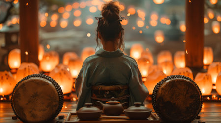 A traveler enjoying a traditional tea ceremony during the Bon Odori festival in Japan, surrounded by the flickering flames of lanterns and the rhythmic beats of taiko drums.の素材