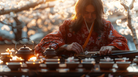 A traveler enjoying a traditional tea ceremony during the Cherry Blossom Festival in Japan, surrounded by the delicate beauty of cherry blossoms and the soothing sounds of koto music.の素材