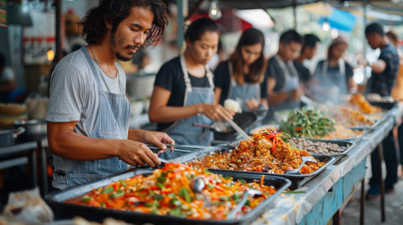 A group of food enthusiasts gathered around a street food vendor in Thailand, savoring the vibrant flavors and aromas of authentic Thai cuisine.の素材