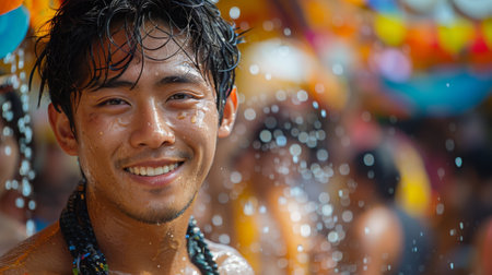 the Songkran festival in Thailand, beautiful Thai manの素材