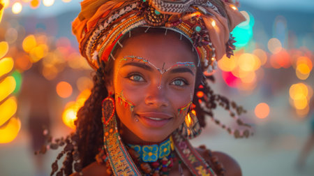 Burning Man Festival. woman in an unusual ethnic costume in the theme of the festival, glowing festival installationsの素材
