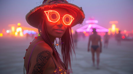 Burning Man Festival. woman in an unusual ethnic costume in the theme of the festival, glowing festival installationsの素材