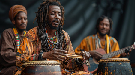 Timkadin Festival. Talented Gnawa musicians captivate audiences with their soulful performances, playing traditional instruments and sharing the rich musical heritage of the Berber people.の素材