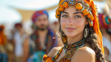 Timkadin Festival (Morocco). people on event, woman in an unusual ethnic costume in the theme of the festivalの素材