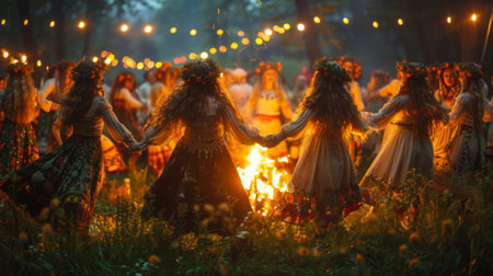 Summer solstice. Beautiful Slavic women dance around the campfire during Kupala Night, traditional Slavic holiday that was originally celebrated on the shortest night of the yearの素材