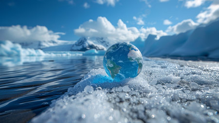A small blue iced representing Earth embedded within a melting glacier, emphasizing the urgency of climate change and its impact on our planetの素材