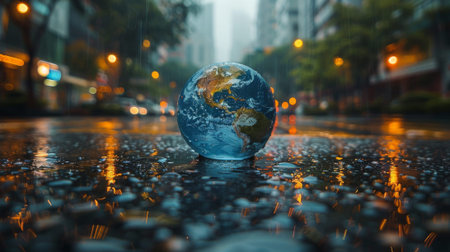 A small blue marble representing Earth placed within a thriving, sustainable city, showing the possibility of a harmonious coexistence between humanity and nature.の素材