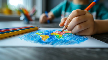 Earth from a Child's Perspective. A child's hand drawing a picture of Earth, with simple lines and bright colorsの素材