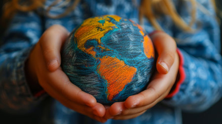 Earth from a Child's Perspective. A child's hand drawing a picture of Earth, with simple lines and bright colorsの素材