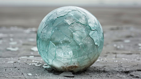 Earth depicted as a transparent glass globe, with cracks and imperfections symbolizing the planet's vulnerability to human actionsの素材