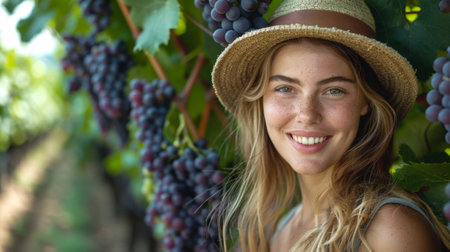 agritourism volunteering, woman at a sustainable organic farm in Tuscany, Italy, harvesting grapes and learning traditional winemaking techniquesの素材