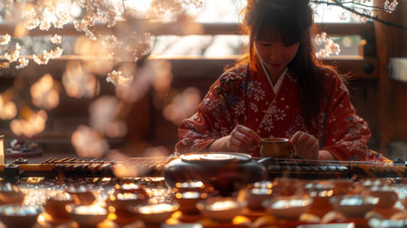 A traveler enjoying a traditional tea ceremony during the Cherry Blossom Festival in Japan, surrounded by the delicate beauty of cherry blossoms and the soothing sounds of koto music.の素材