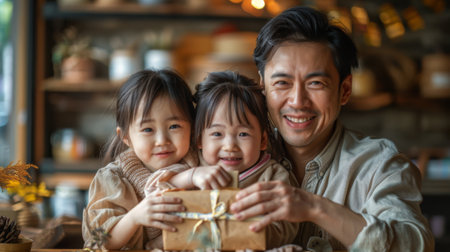 Father's Day. Children and partners prepare personalized gifts, heartfelt cards, and creative surprises to express their love and appreciation for their fathers. asian familyの素材