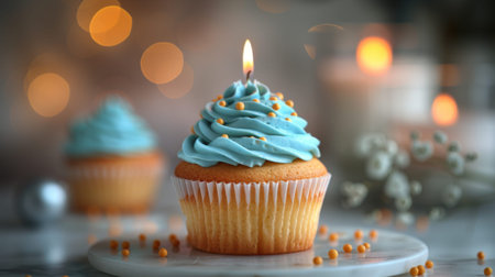 Cupcake with turquoise cream and a burning candle on a white table against a light background, space for text. Birthday celebrationの素材