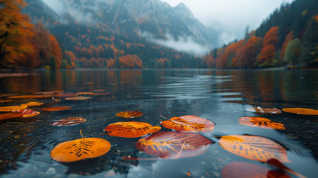 Autumn leaves float on the surface of the lake against the backdrop of forest and mountains.の素材