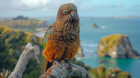 New Zealand Kea sits on a branch against the backdrop of New Zealand landscapes. Realistic photo.の素材