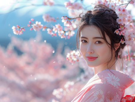 Asian beautiful Woman in pink kimono under the Sakura Tree. Atmosphere Cherry blossom tree. Background Mount Fuji.の素材