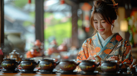 A food tour participant enjoying a traditional Japanese tea ceremony, appreciating the delicate flavors and cultural significance of the ritual.の素材