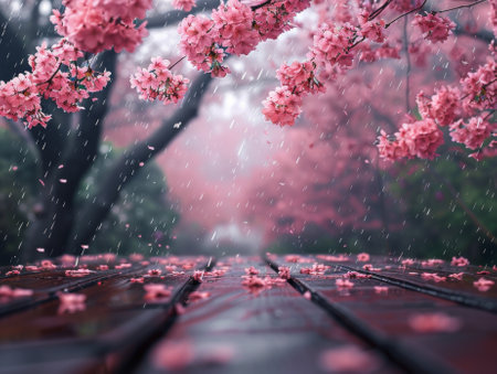 Rain falling on cherry blossoms. Background Wet bench. Melancholy. Realistic photo.の素材