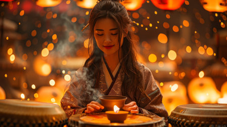 A traveler enjoying a traditional tea ceremony during the Bon Odori festival in Japan, surrounded by the flickering flames of lanterns and the rhythmic beats of taiko drums.の素材