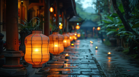 Vesak Festival. Lanterns illuminate homes, temples, and streets, casting a warm and inviting glow that symbolizes the light of Buddha's teachings..の素材