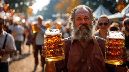 Oktoberfest .People walk around the fairgrounds carrying large steins of beer, and many are already quite drunk.の素材