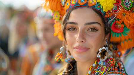 Timkadin Festival (Morocco). people on event, woman in an unusual ethnic costume in the theme of the festivalの素材