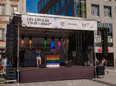 Prague, Czech Republic - August 12, 2023: Prague Pride Festival Parade. main stage of the festival and its spectatorsのeditorial素材