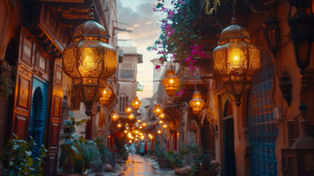 ethnic lamps hanging from the roof of the old city in the style of Arabic architecture.の素材