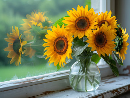 A bouquet of sunflowers in a vase on the windowsill. summer conceptの素材