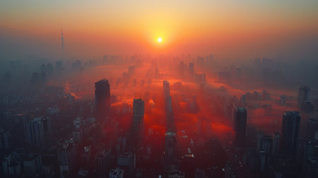 A dense, smoggy cityscape, obscuring the sun and suffocating the inhabitants, emphasizing the negative impact of air pollution on human health and the environment.の素材