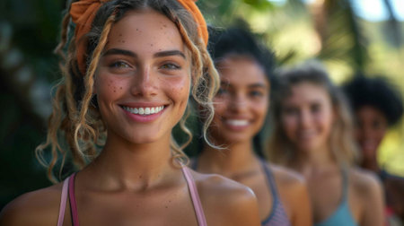 group of friends are hiking in nature stay motivated on their fitness journeys. healthy lifestyle, wellness and health conceptの素材