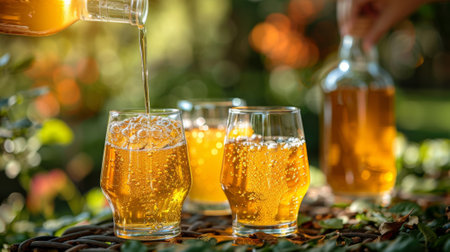 Cider. person pouring green apple cider. glass and bottle are filled with golden apples cider on outdoor table with green color theme and green background.の素材